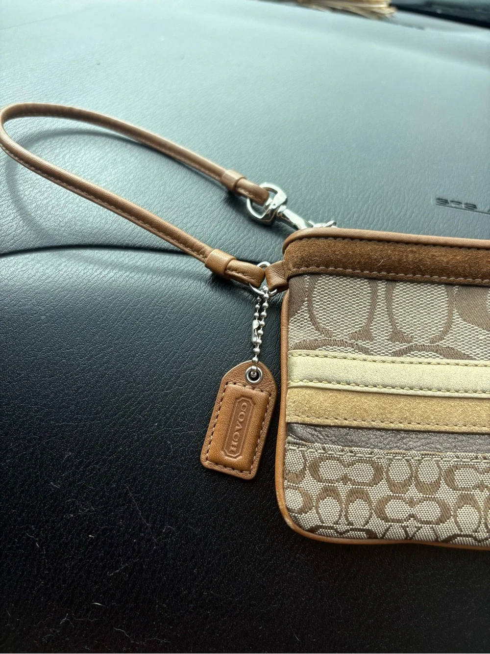 Y2K vintage Coach Signature Patchwork Wristlet in Brown, Tan, and Cream